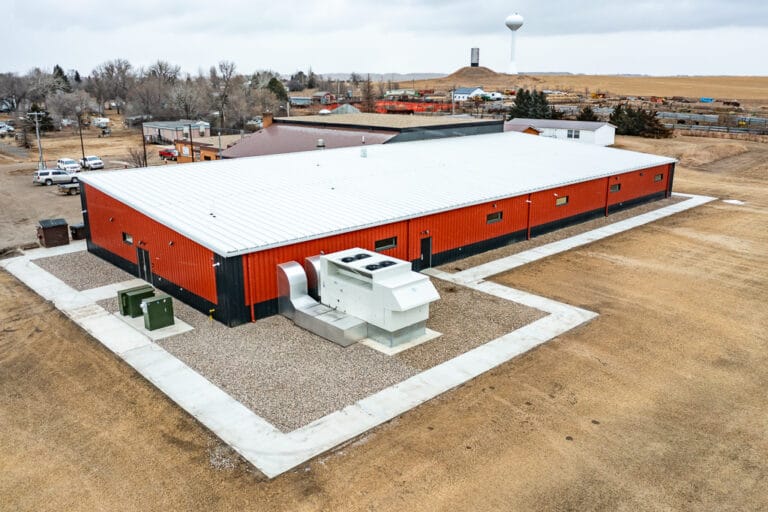 Exterior view from the air of new school addition and their mechanical systems.